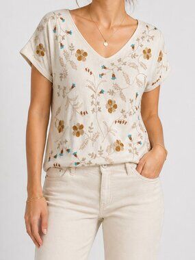 Sigrid Olsen Embroidered Floral Boho Top Beige Size L